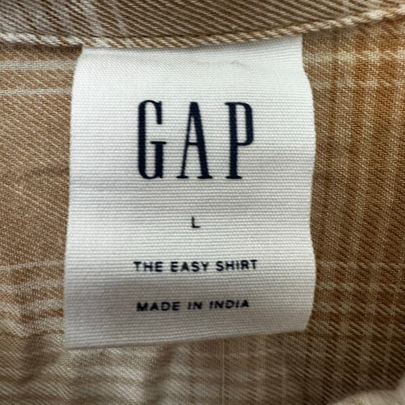 Gap Womens The Easy Shirt Large Button Up Flannel Tan Plaid Long Sleeve Cotton - Picture 2 of 7